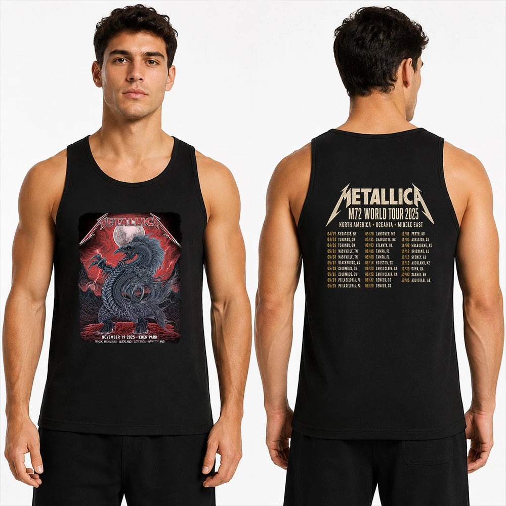 Metallica M72 World Tour November 19 2025 Eden Park Auckland New Zealand 2 side Tank top by Mr. Wolf featuring a taniwha raven creature, full moon, red storm clouds, lightning, mountains and Auckland event text.